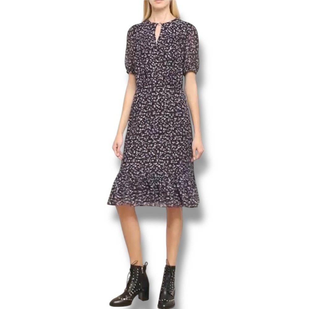 Altuzarra Floral Print Ruffle Hem Dress Purple Gold Silk Crepe Sz FR 42 US 10